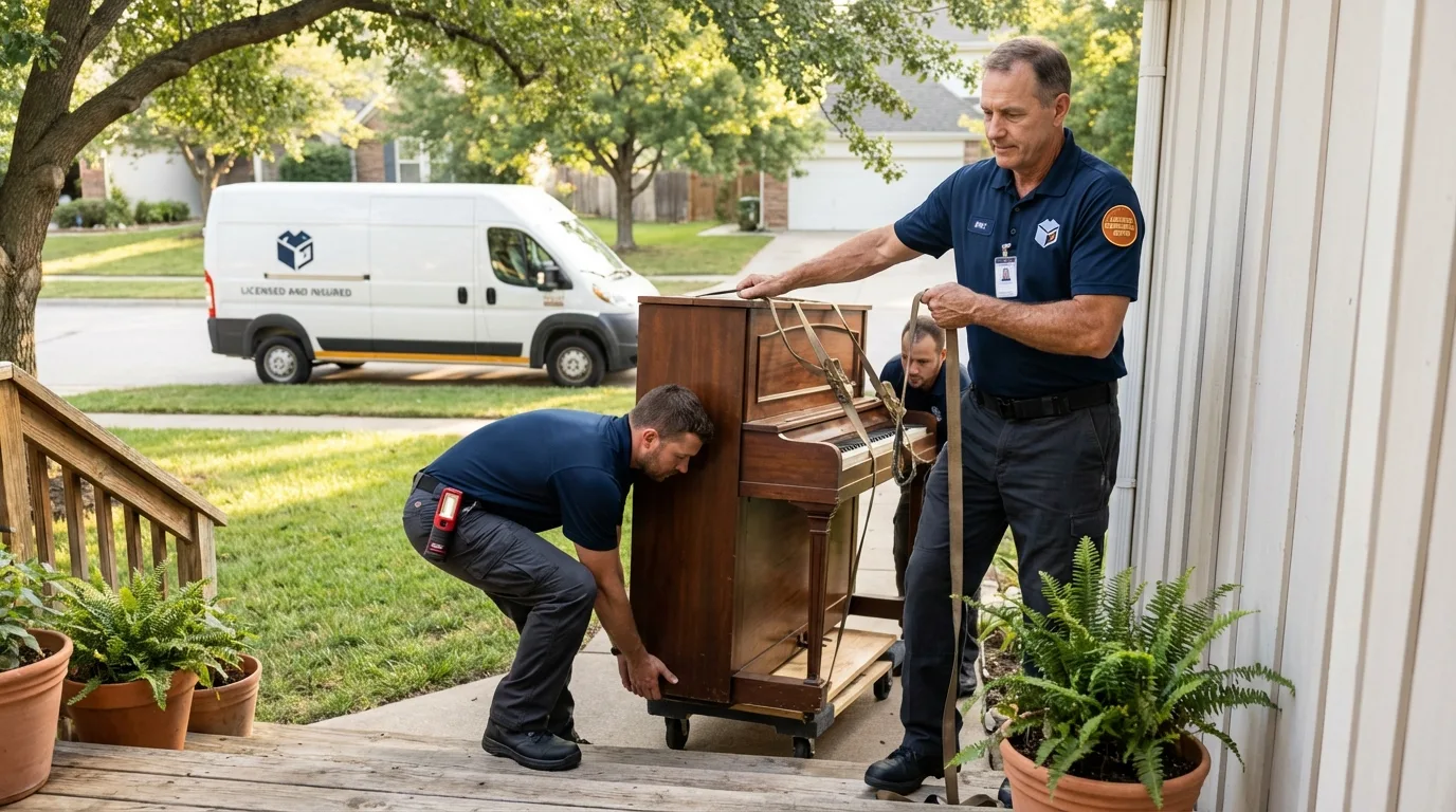 Licensed piano movers securing grand piano in Pinckneyville, IL