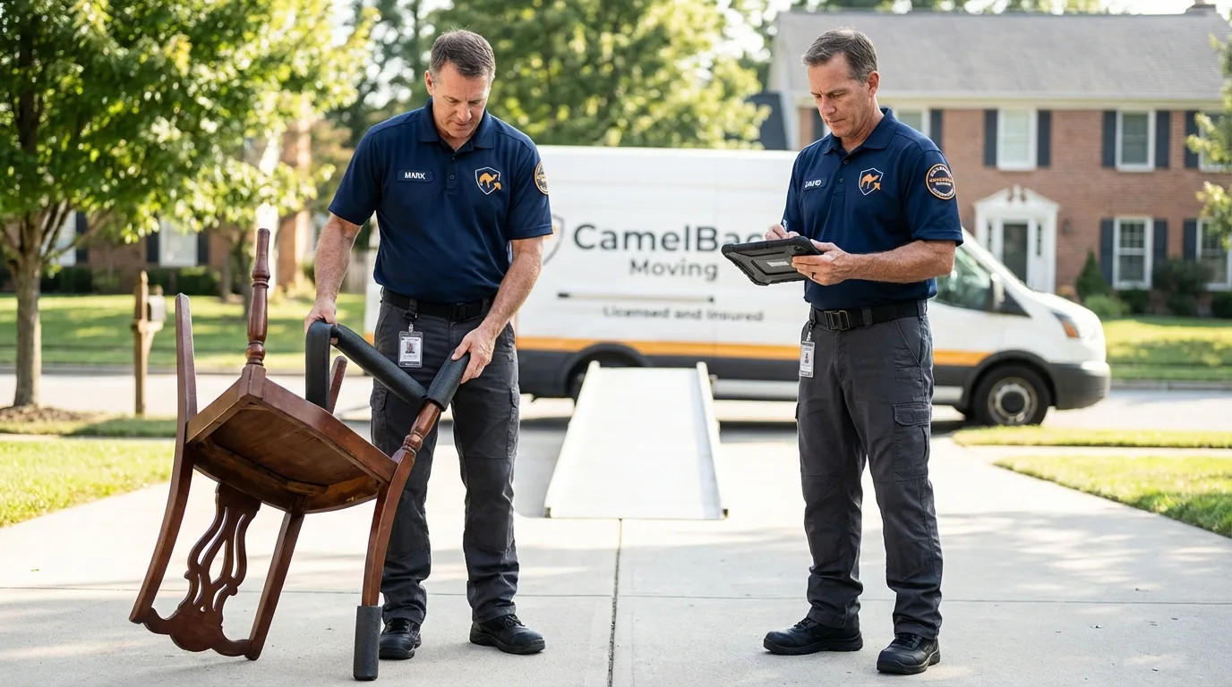 Movers inspecting furniture for damage prevention before loading in Pinckneyville, IL