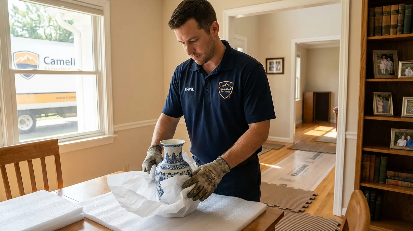 Professional crew carefully wrapping antique vase for senior downsizing move in Pinckneyville, IL